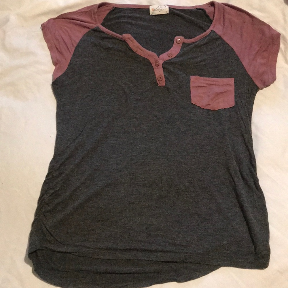 Grey and pink v neck shirt